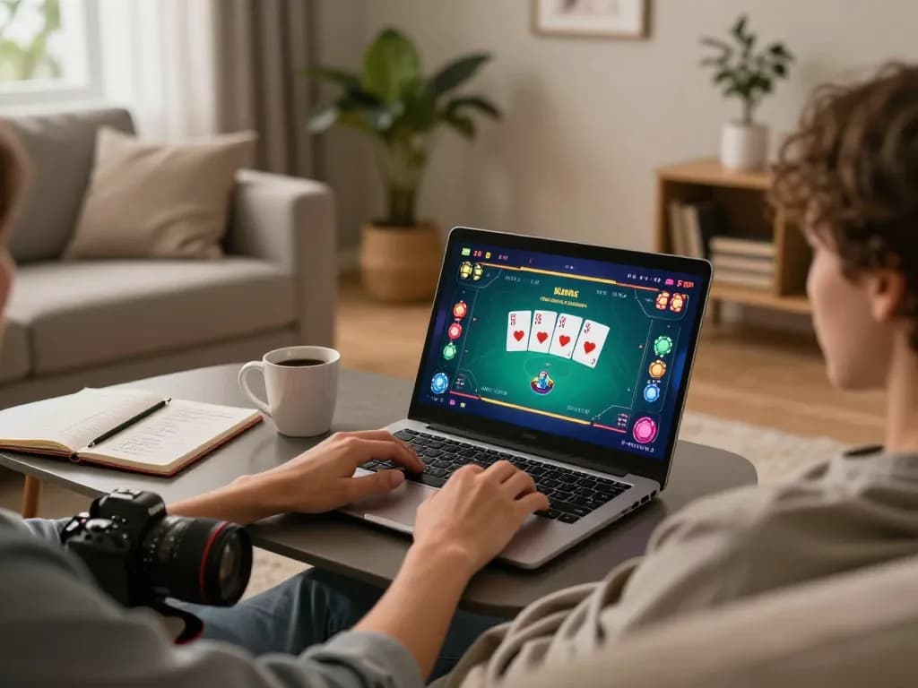 Engaging gaming session at home with cm88seo active on laptop, showcasing poker strategy notes