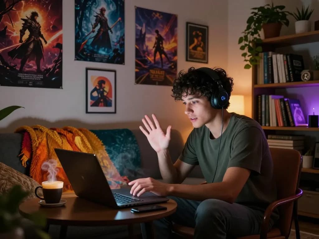 Engaging NSFW AI character conversation on a laptop, cozy virtual room setting.
