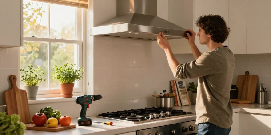 Exhaust hood installation process in a bright home kitchen with tools and a homeowner preparing for setup.