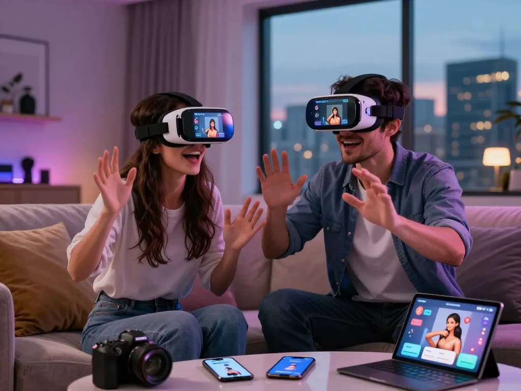 Couple using sex AI virtual reality experience in a modern living room.