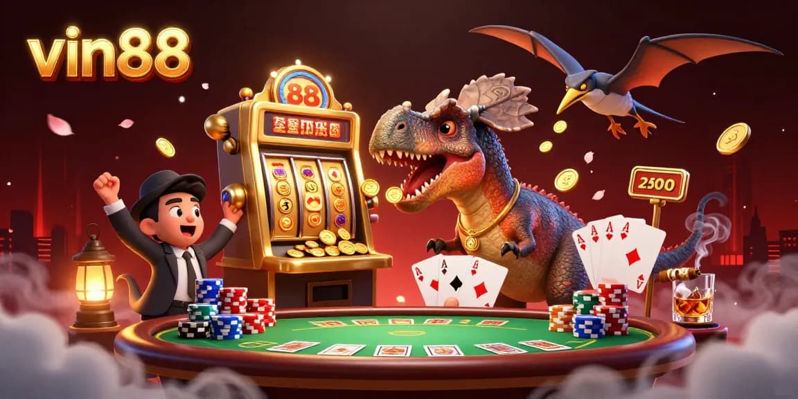 vin88 casino scene with cartoon dinosaurs and golden slot machine bursting with coins