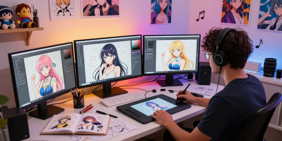 Creating AI ecchi illustrations in a vibrant digital art studio with multiple screens and colorful sketches, inspiring creativity.