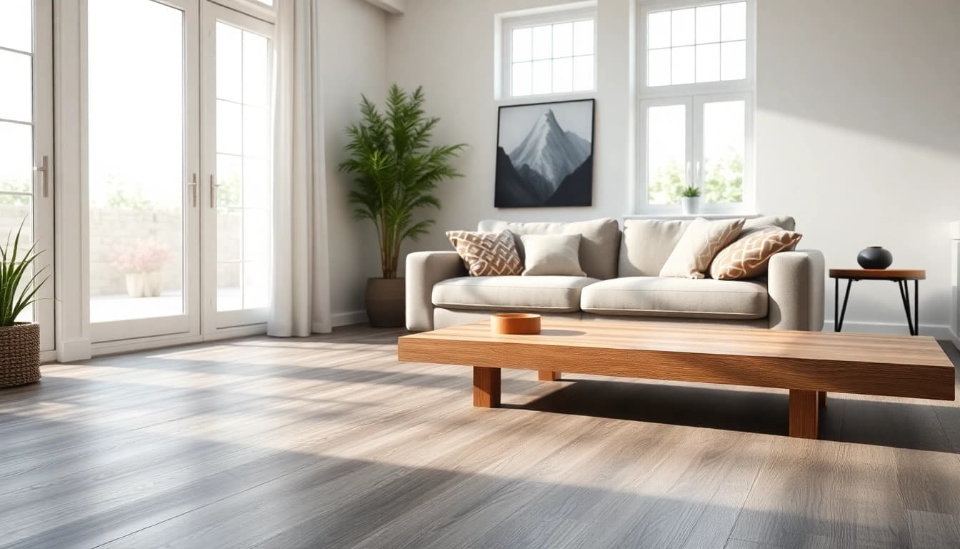 Transform your space with stunning grey vinyl flooring enhancing the modern living room's ambiance.