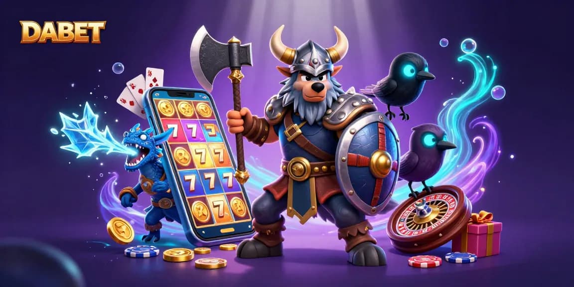 DABET offers thrilling online gaming, featuring a Viking wolf and fierce dragon in a vibrant casino setting.