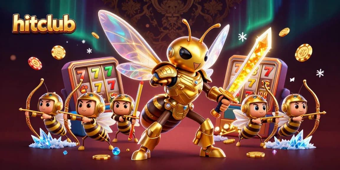 Hitclub's vibrant gaming scene showcases a golden hornet samurai alongside loyal bee archers amidst dynamic gaming elements.