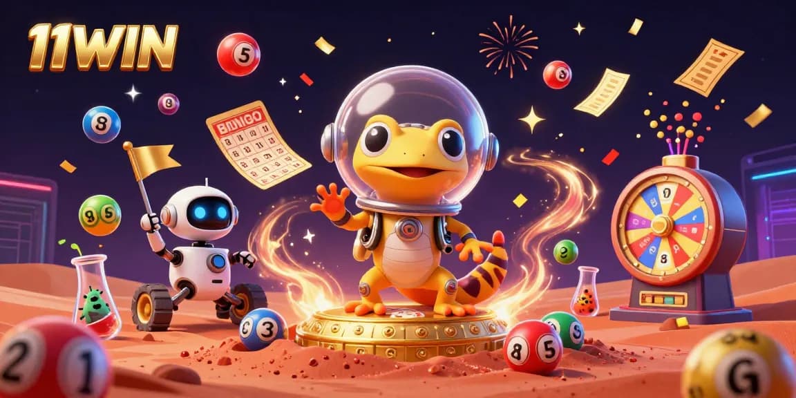 Experience the excitement of 11WIN with a Martian gecko exploring a golden casino in this vibrant illustration.
