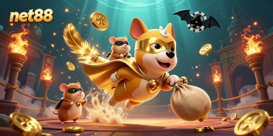 Bet big with net88 as the superhero dog carries gold coins through a vibrant 3D casino world.