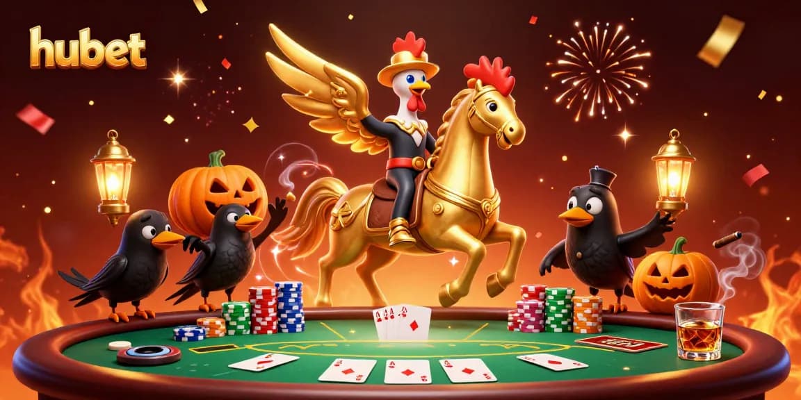 Experience hubet's thrilling midnight casino adventure with a golden rooster and crow companions.