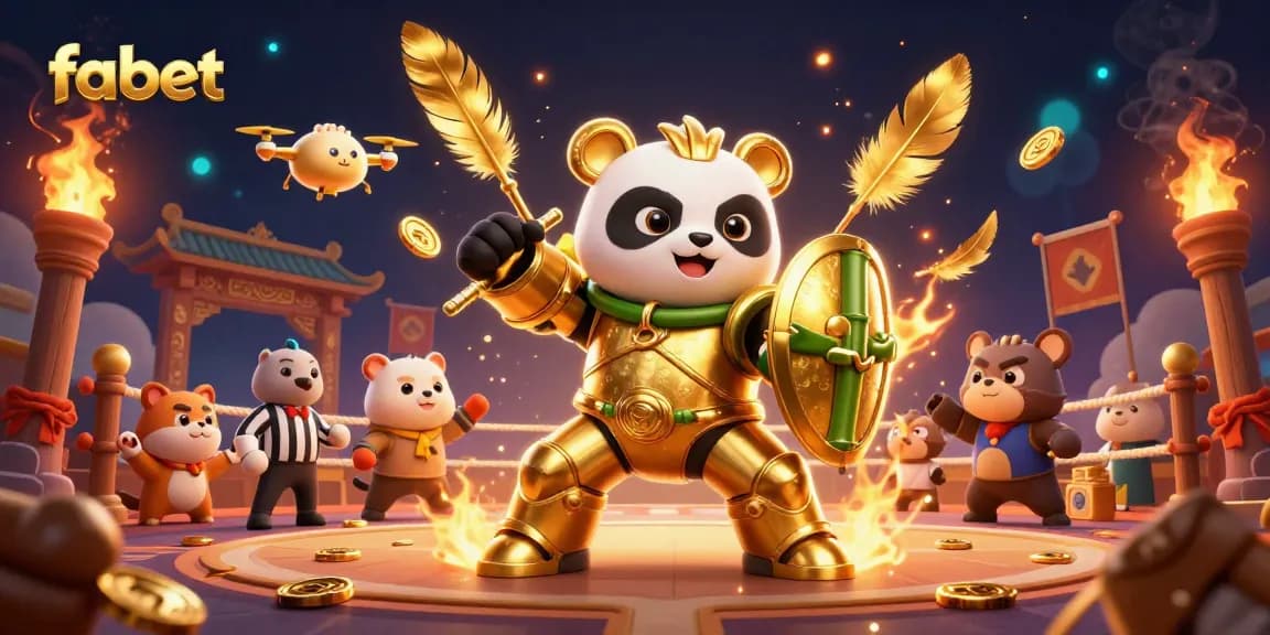 Bet on fabet with a dynamic sports betting illustration featuring a golden panda and a betting arena.