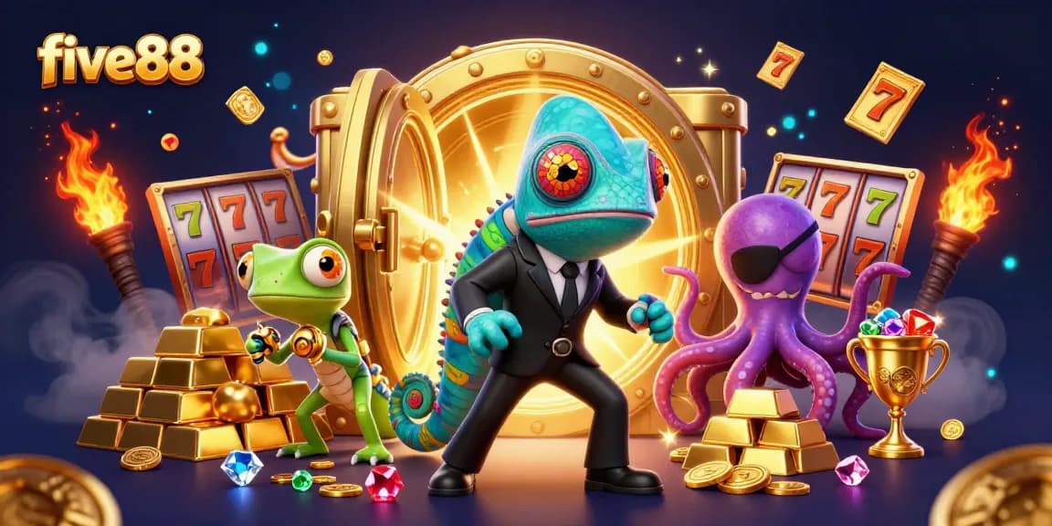 Experience thrilling wins with five88's vibrant casino scene featuring dynamic slot reels and engaging characters.