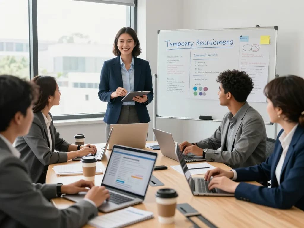 Dynamic meeting showcasing temporary staffing agencies benefits in a modern office.