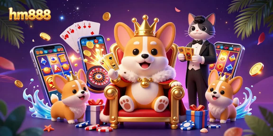 Experience the thrill of gaming at hm888 with a vibrant casino scene featuring lively characters and dynamic game elements.