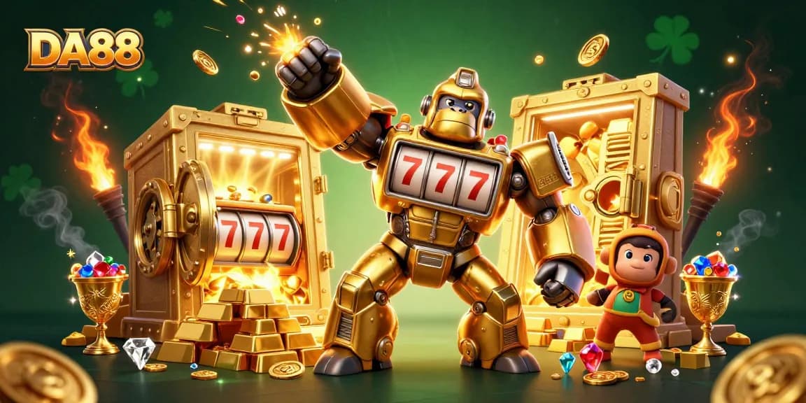 Experience the thrill of DA88 with a vibrant 3D illustration of a winning slot machine mech!