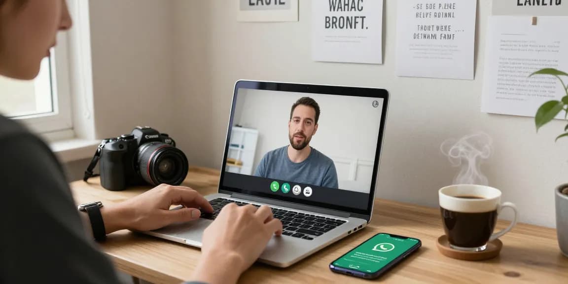 A person utilizing WhatsApp網頁版 on a laptop in a cozy home office, emphasizing modern communication.