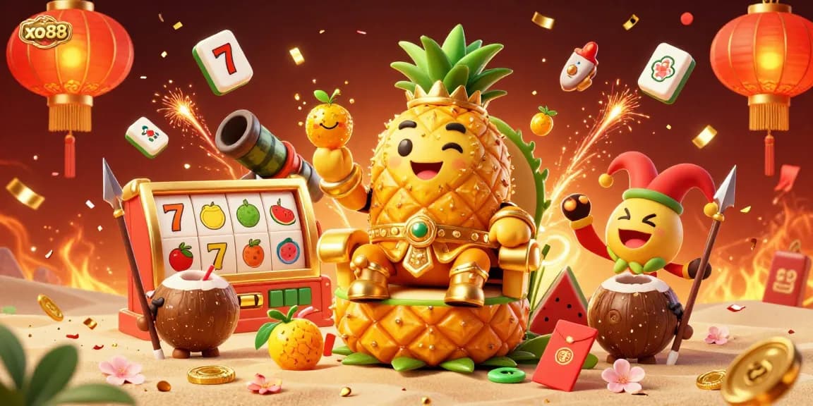 Experience vibrant action at xo88 with a 3D golden pineapple king and fruit-themed casino elements.
