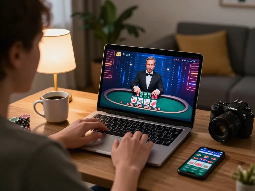 79king user engaging with live dealer blackjack on laptop in a cozy home setting