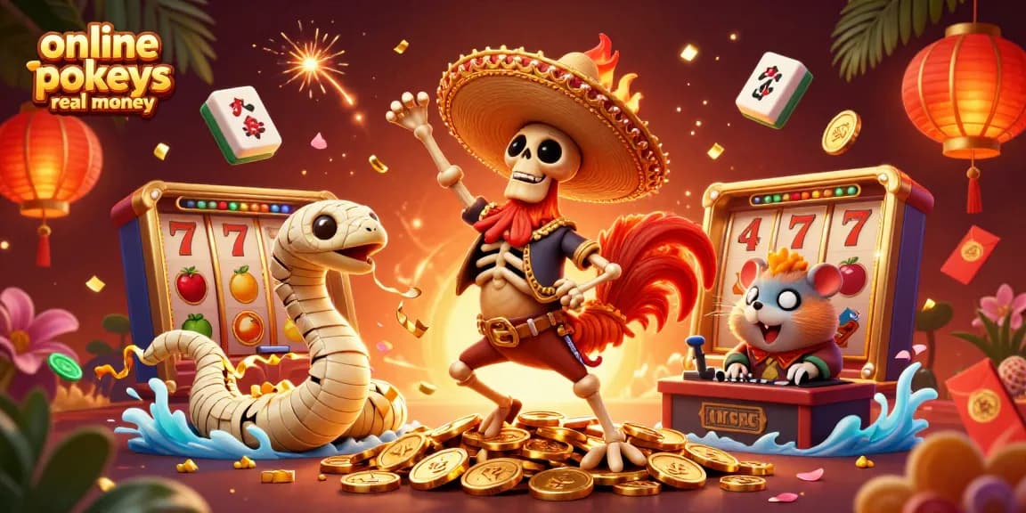 Experience online pokies real money with vibrant characters and dynamic casino elements in this 3D illustration.