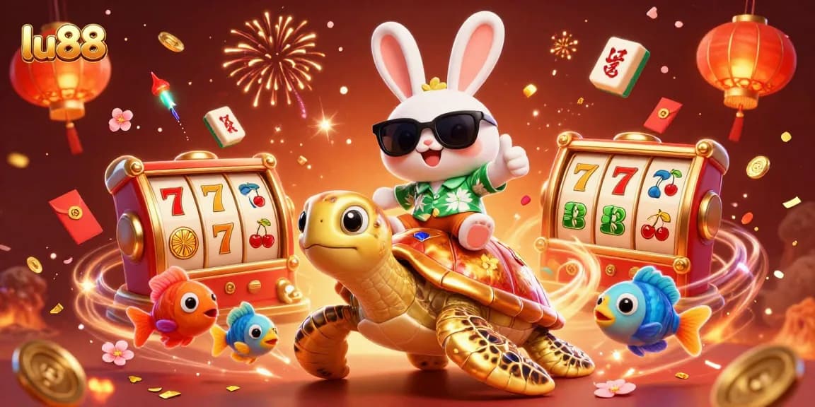 Experience the thrill of winning at lu88 with a lucky rabbit and giant turtle in a vibrant casino scene.