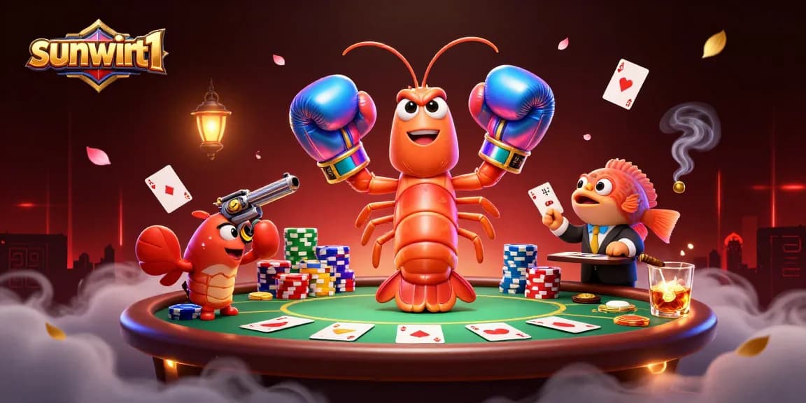 Experience high-stakes poker action with sunwint1 in a vibrant 3D casino scene filled with colorful elements.