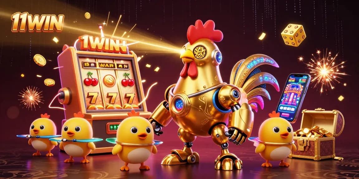 Experience the thrill of 11WIN with a vibrant scene of a golden rooster robot and casino symbols.