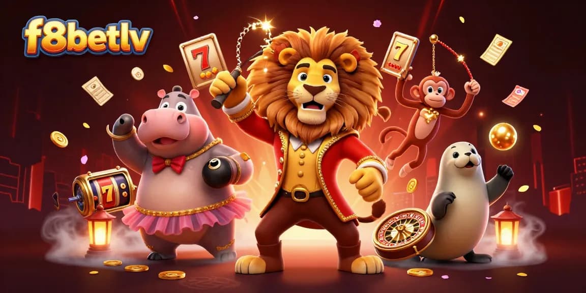 Join the excitement at f8betlv with a lively 3D circus scene featuring slot reels and engaging characters.