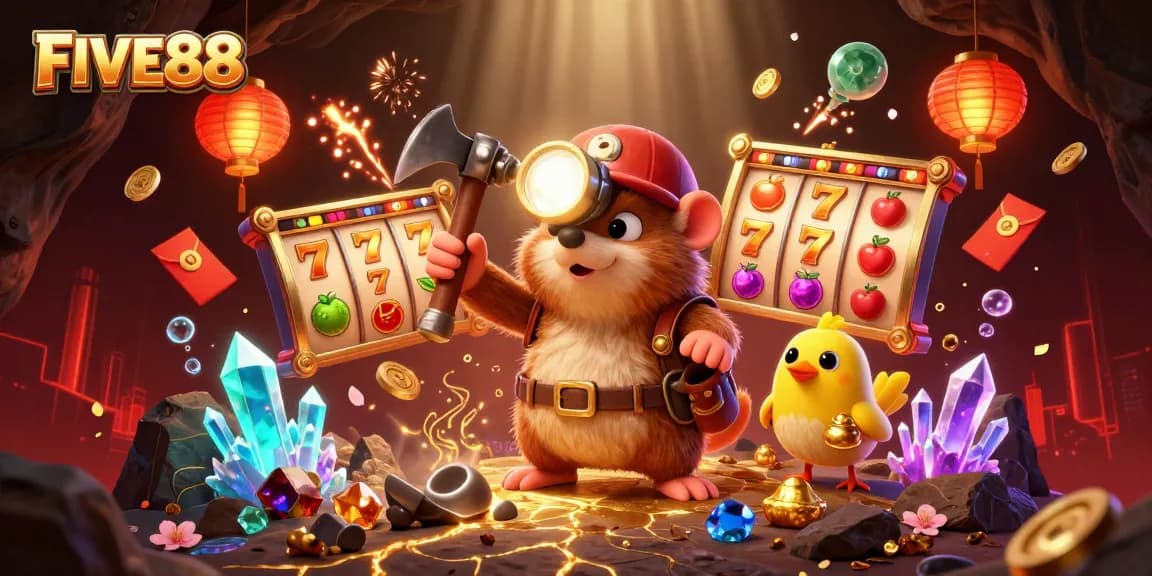 Engage with FIVE88 in this vibrant slot game adventure featuring a treasure hunting mole and dynamic elements.