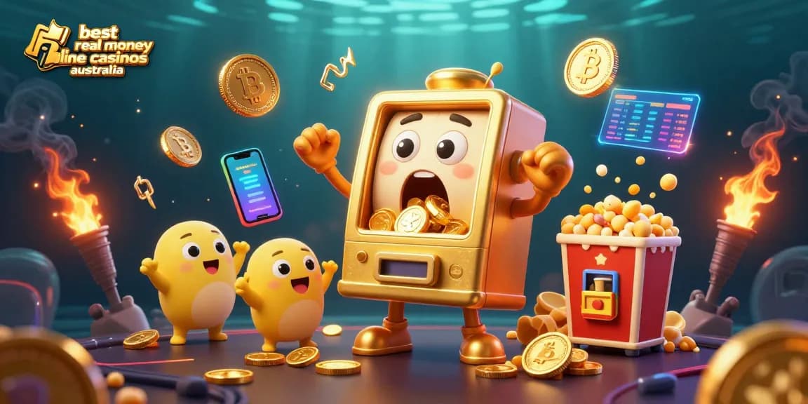 Best real money online casinos Australia featuring a joyful slot machine hitting a jackpot, surrounded by cheering baby slots and gold coins.
