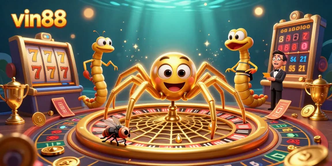 Experience the thrill of vin88 as a golden spider spins a glittering roulette web in this vibrant casino illustration.