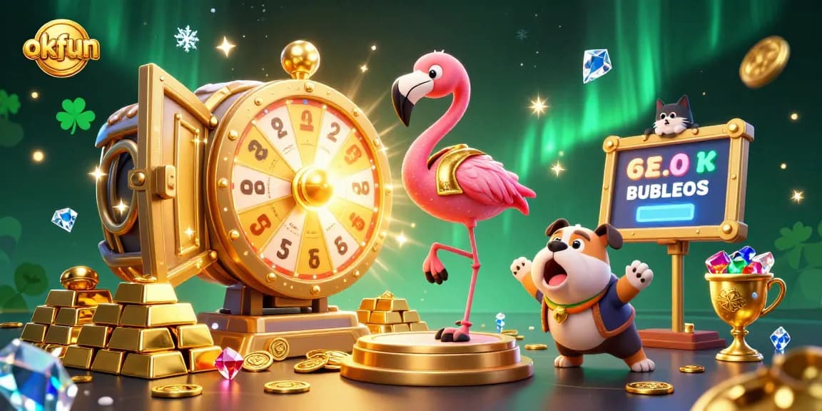 Engage in exciting gameplay at okfun with vibrant prizes, gold treasures, and cheerful 3D characters.