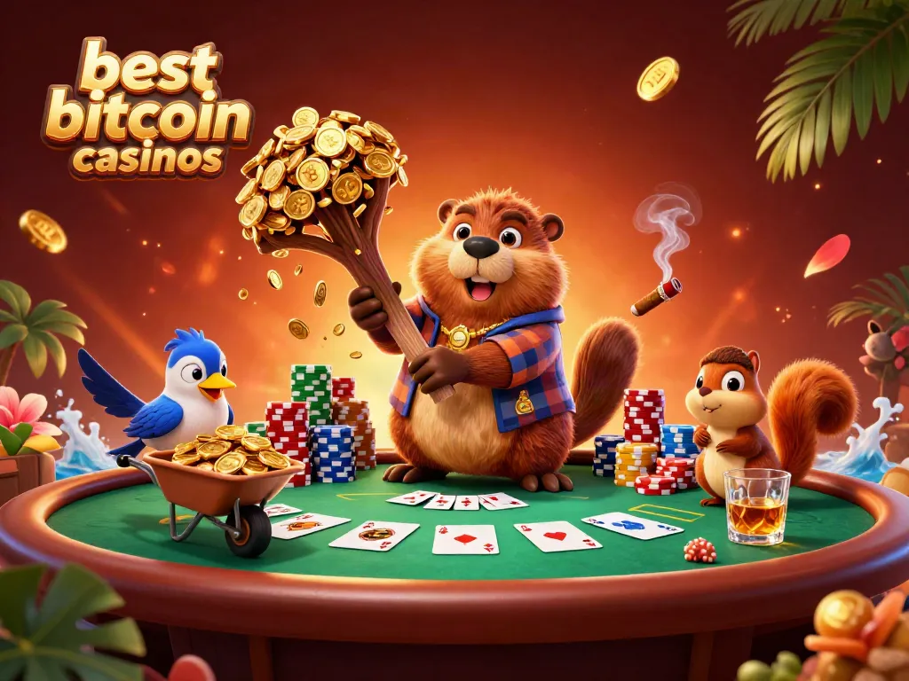 Overview of best bitcoin casinos featuring a cheerful cartoon beaver and friends collecting coins amid a vibrant casino scene.