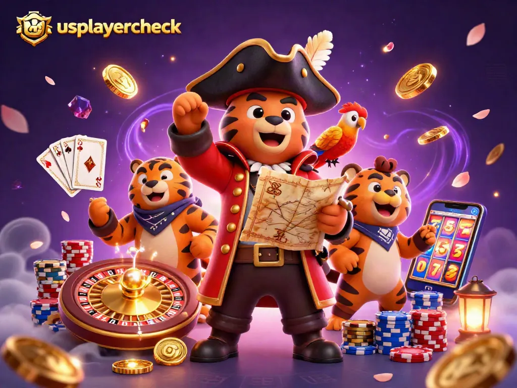 Spin and win at usplayercheck's vibrant casino illustration featuring a pirate captain bear and friends.