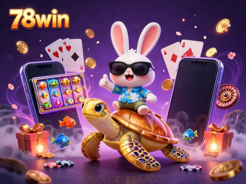 Experience the thrill of winning with 78win while celebrating luck with a cartoon turtle and rabbit.