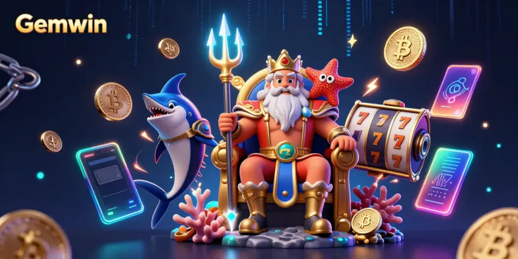 Experience Gemwin's vibrant casino adventure with cartoon Neptune, a swordfish bodyguard, and glowing slot reels surrounded by crypto elements.