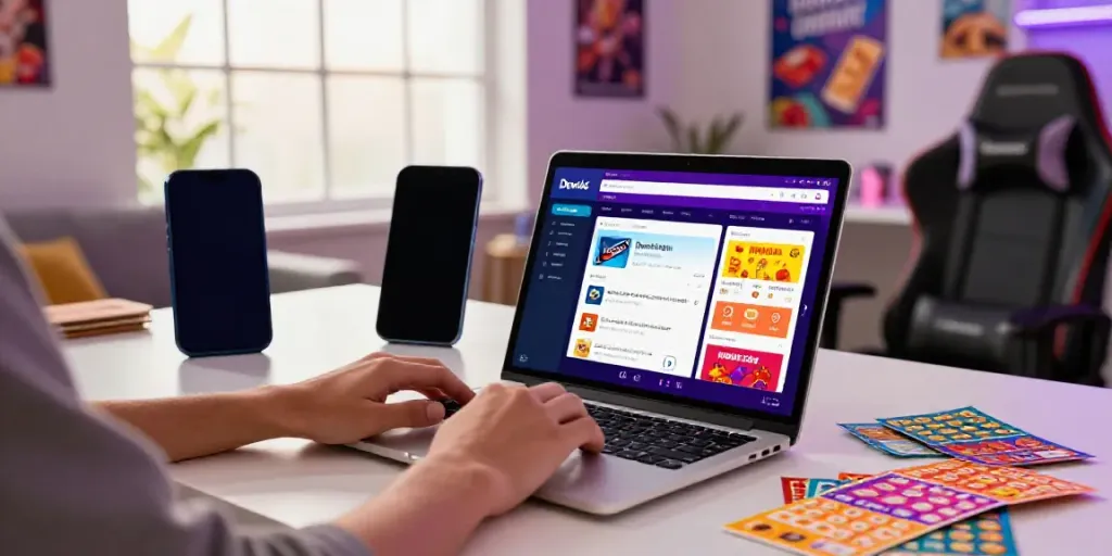 Buka Dewalive platform showcased with a user engaging in online gambling, surrounded by lotto tickets and a cozy atmosphere.
