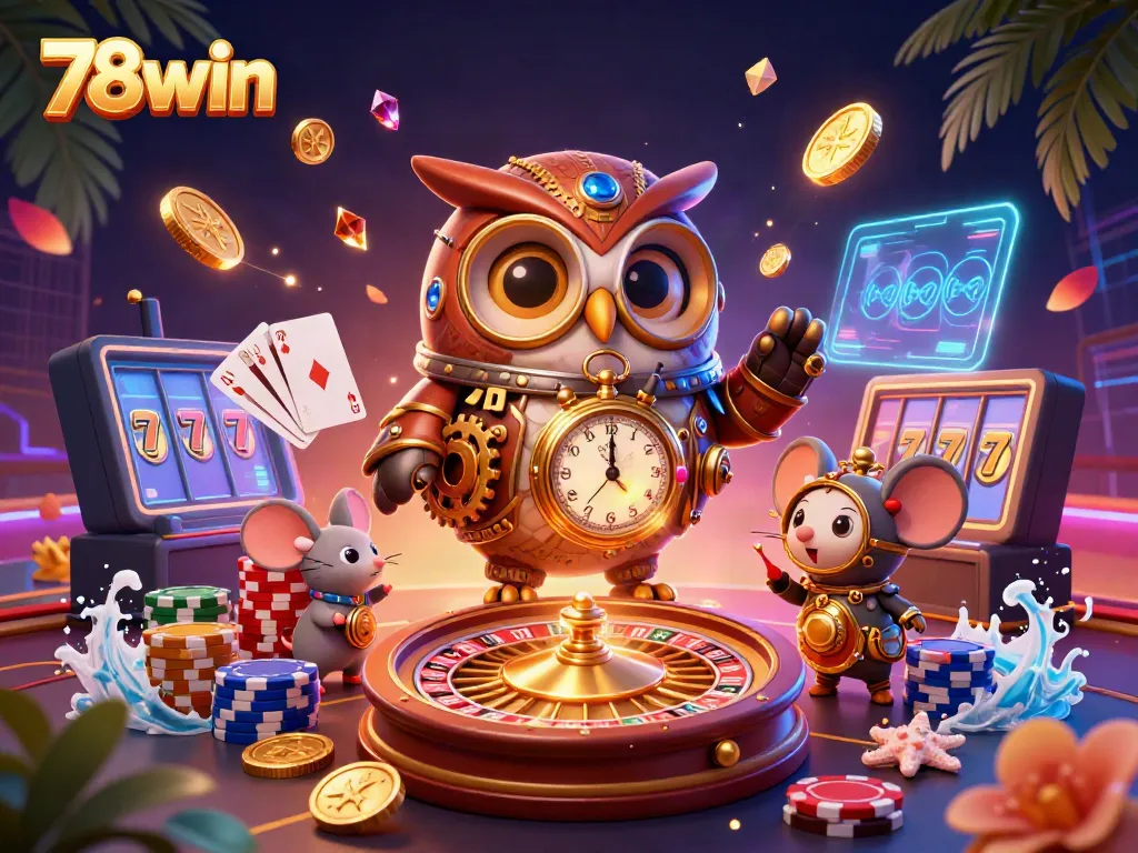 Experience the thrilling world of 78win with vibrant visuals of casino games, golden coins, and characters!