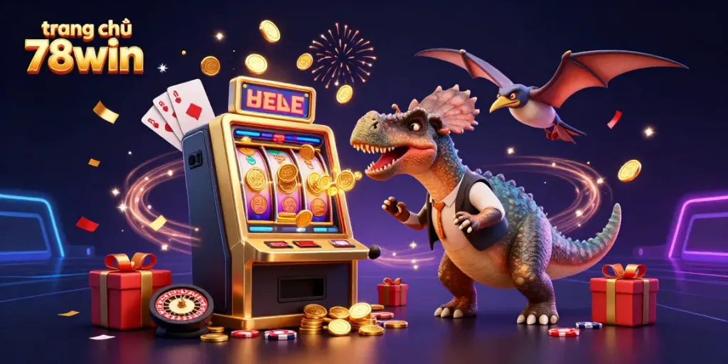Experience vibrant casino action at trang chủ 78win, with a pachycephalosaurus winning jackpot coins from a slot machine.