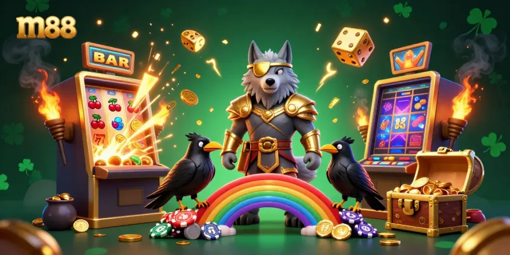 Experience m88 with a vibrant illustration showcasing slot machines and mythical characters in a casino setting.
