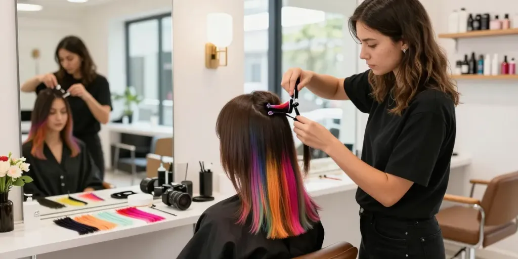 Client experiencing the best clip in hair extensions application in a vibrant salon.