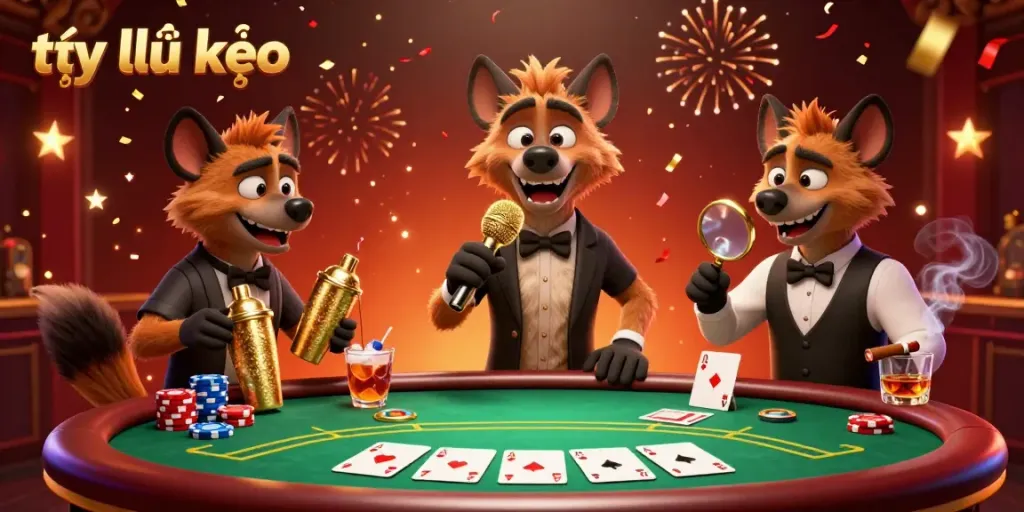 Engaging scene of hyenas at a comedy casino, showcasing tỷ lệ kèo with vibrant poker action and festive atmosphere.
