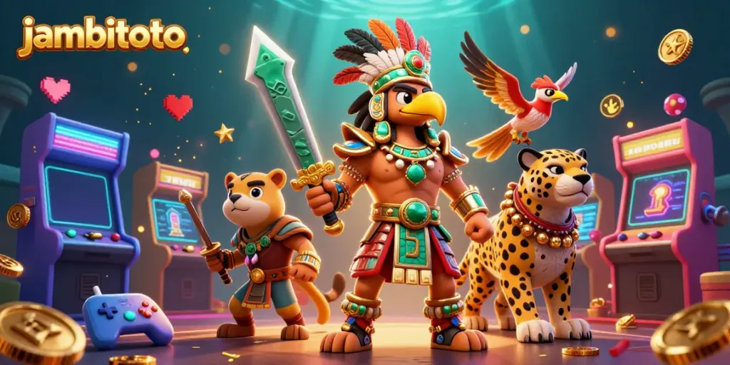 Jambitoto casino illustration with Aztec warrior and jaguar, surrounded by colorful game elements.