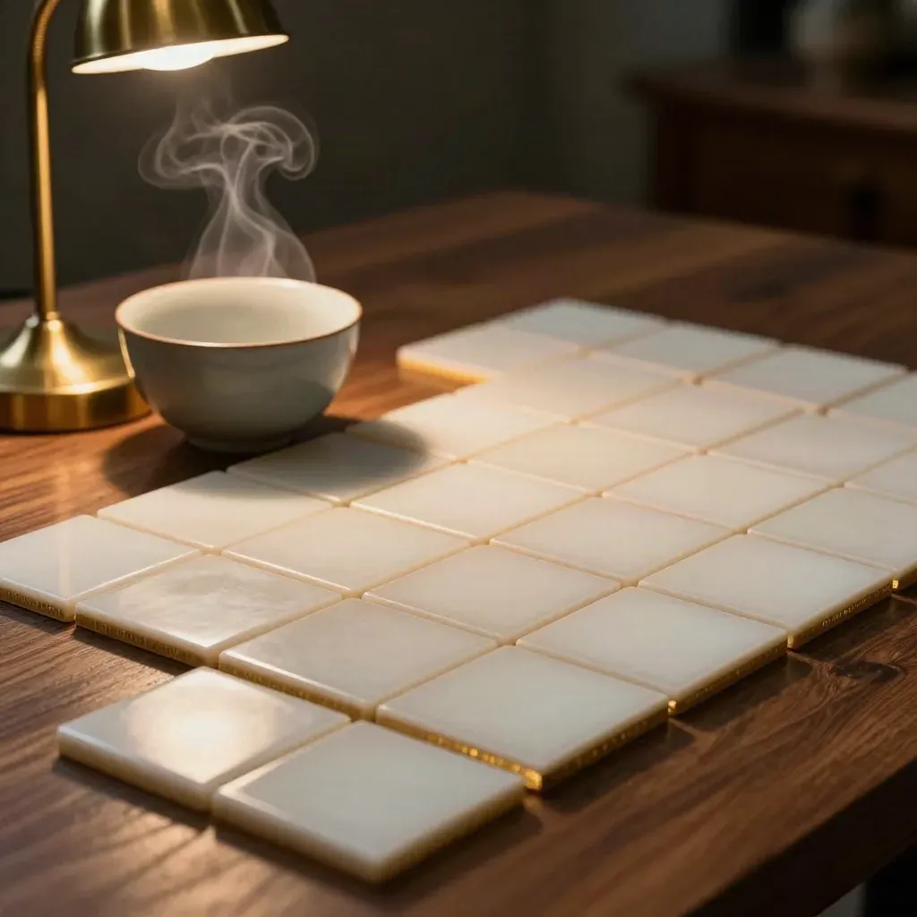 Square quote tiles, tea bowl, and brass lamp glowing on a walnut table at midnight.