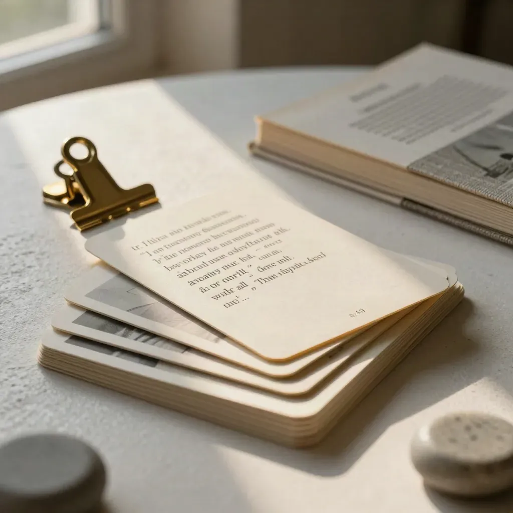 Quote cards, brass clip, linen booklet and stone paperweight on a rain-lit plaster table