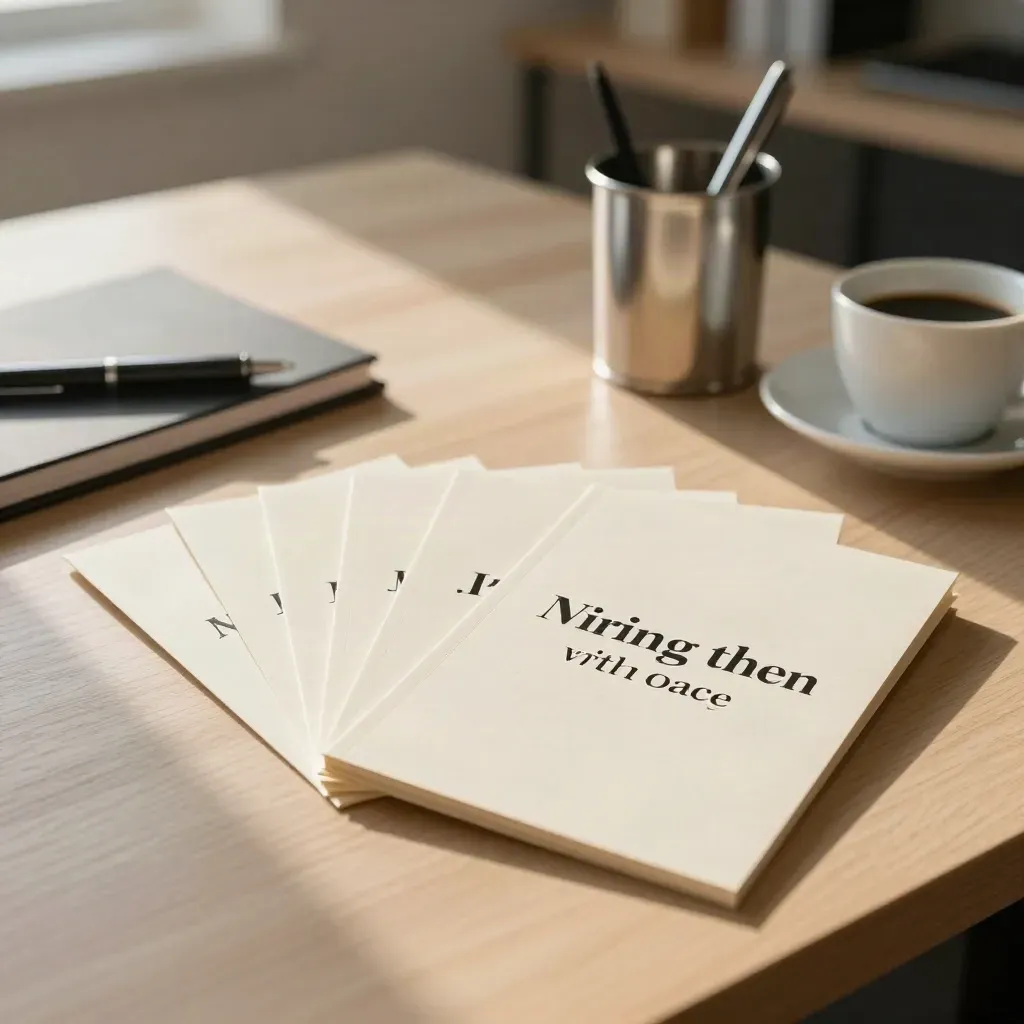Ivory quote cards, notebook, steel pen cup, and coffee cup on a sunlit desk.