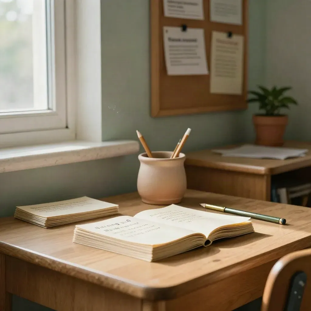 Quiet classroom desk with quote cards, ceramic cup, plant, and blurred corkboard in morning light.
