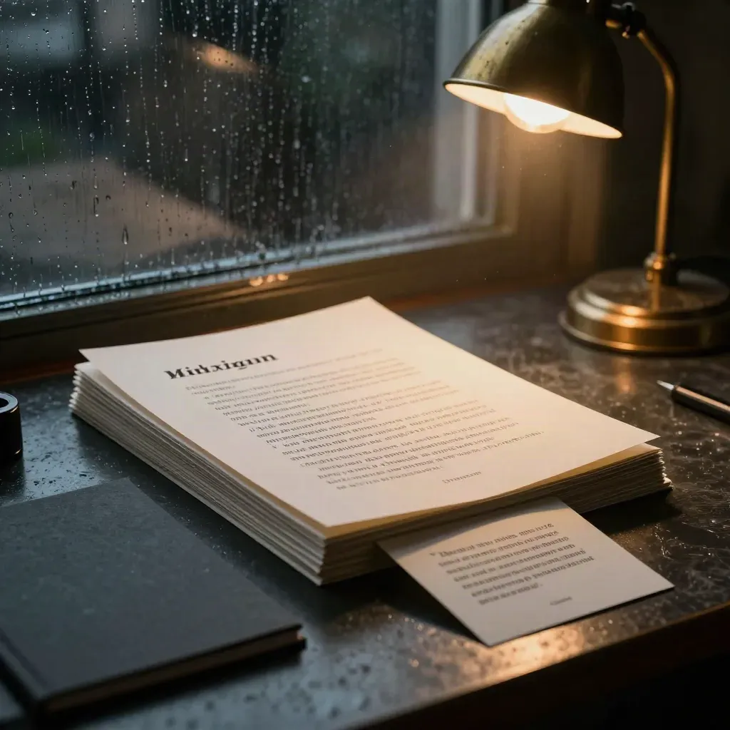 Dark studio table with quote proofs, lamp glow, and rain on glass at night.