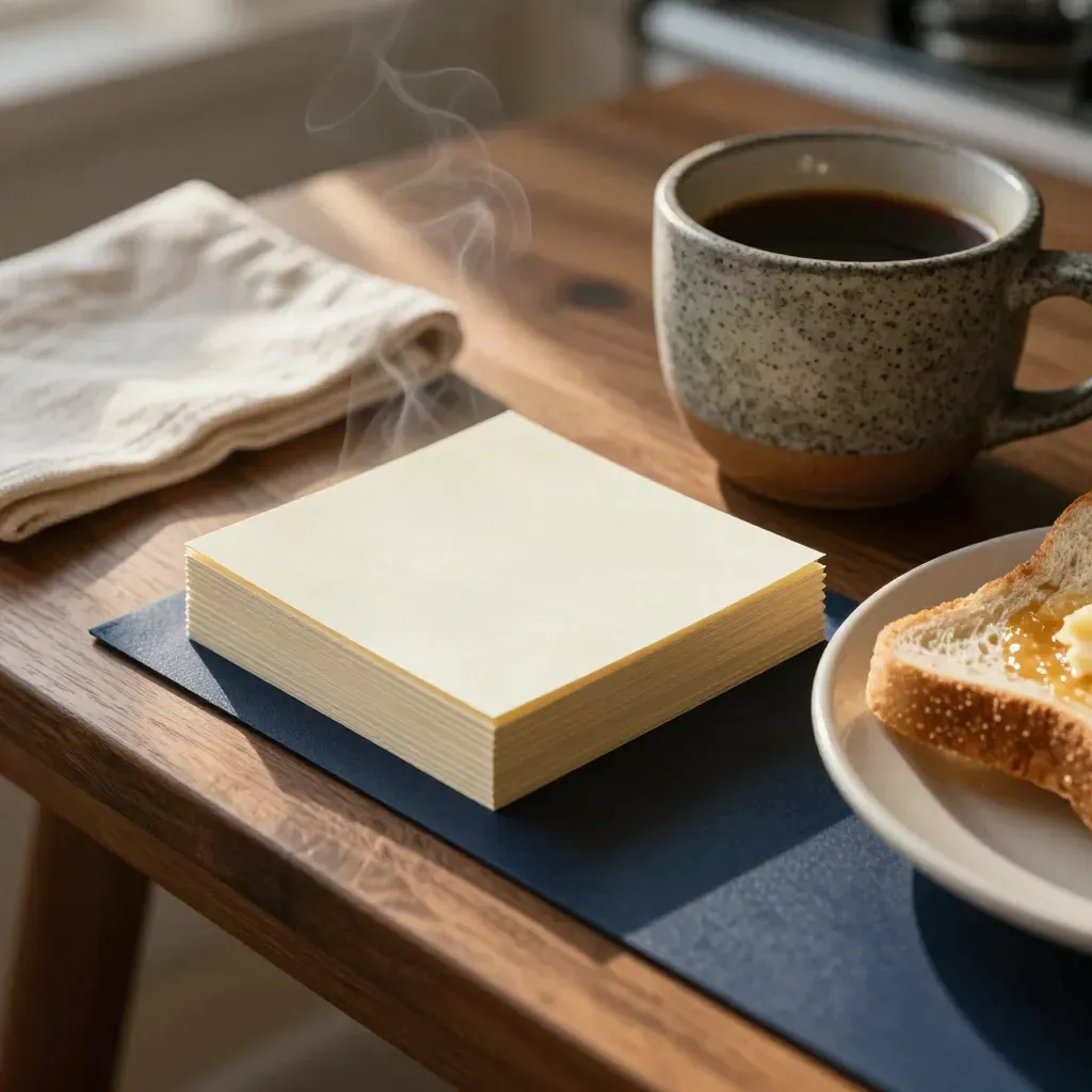 Steam rising over note cards, coffee, linen napkin, and toast on a sunlit breakfast table.