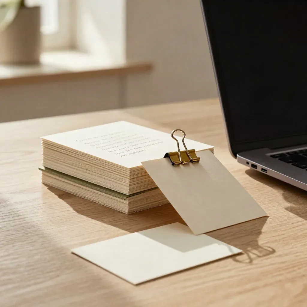 Mid-morning office desktop with quote cards, topic tabs, laptop, and a brass clip in motion