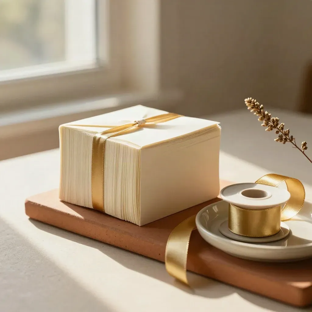 Ivory quote cards wrapped with gold ribbon beside a spool and dried botanicals.