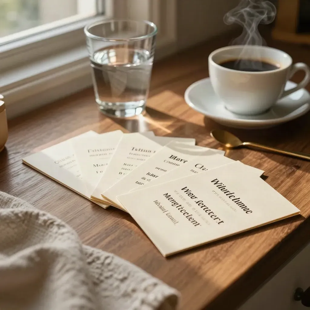 Sunlit breakfast counter with quote cards, coffee, water glass, and a linen towel in warm morning light