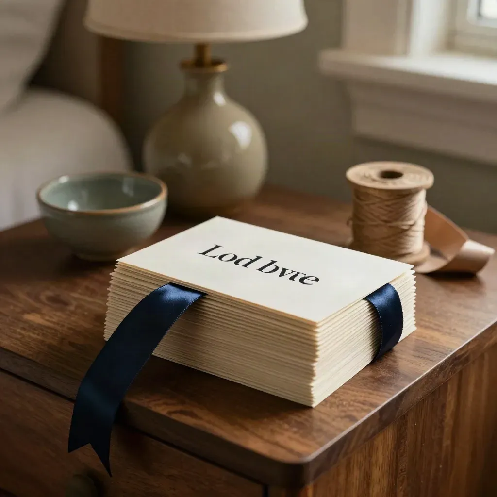 Love quote cards with ribbon, ceramic bowl, and dried stem on a bedside table.